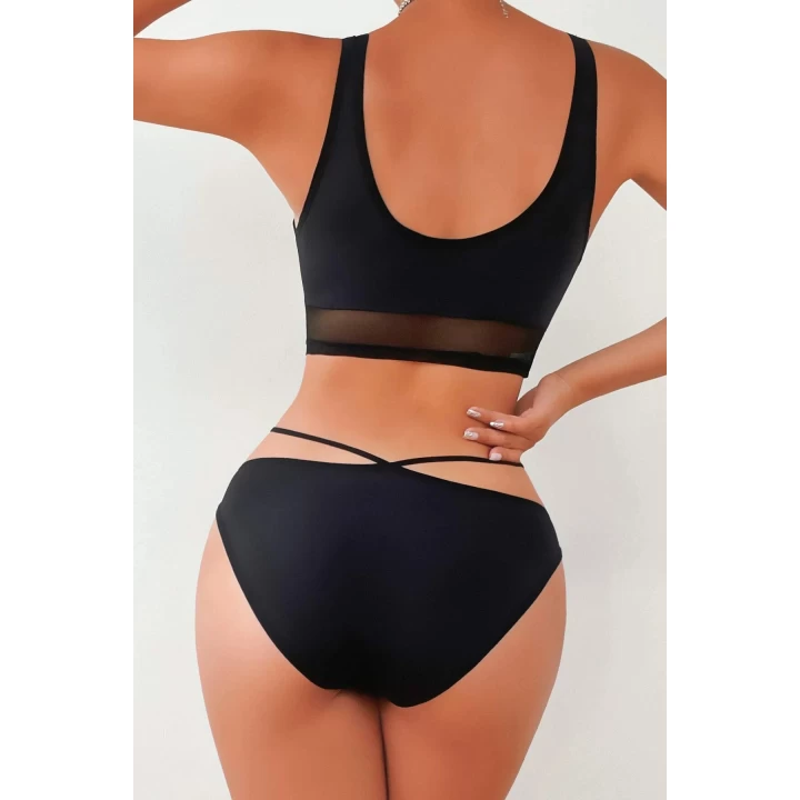 Kadın Siyah Çapraz Ip Detaylı Şık Bikini Takımı