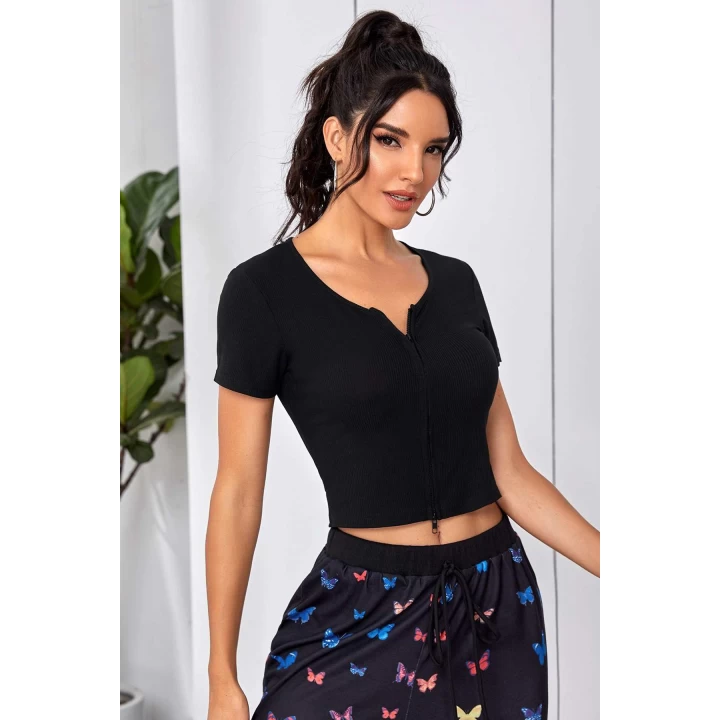 Kadın Siyah Çift Fermuarlı Yarım Kol Crop Top Bluz