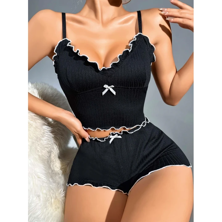 Kadın Siyah Fitilli Askılı Şortlu Pijama Takım 6659