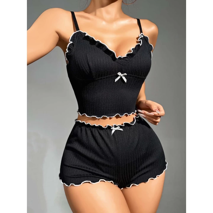 Kadın Siyah Fitilli Askılı Şortlu Pijama Takım 6659