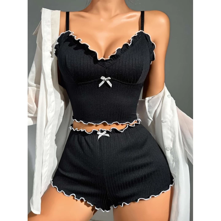 Kadın Siyah Fitilli Askılı Şortlu Pijama Takım 6659