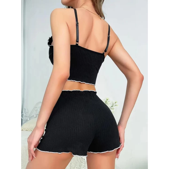Kadın Siyah Fitilli Askılı Şortlu Pijama Takım 6659