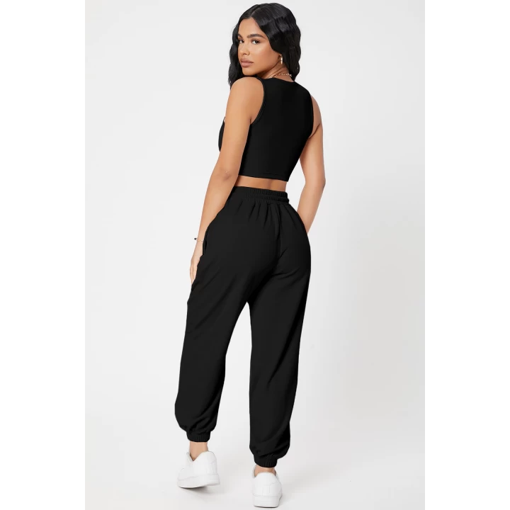 Kadın Siyah Kaşkorse Cepli Jogger Eşofman Altı ve Crop Top Bluz