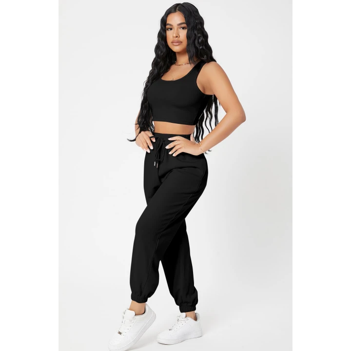 Kadın Siyah Kaşkorse Cepli Jogger Eşofman Altı ve Crop Top Bluz