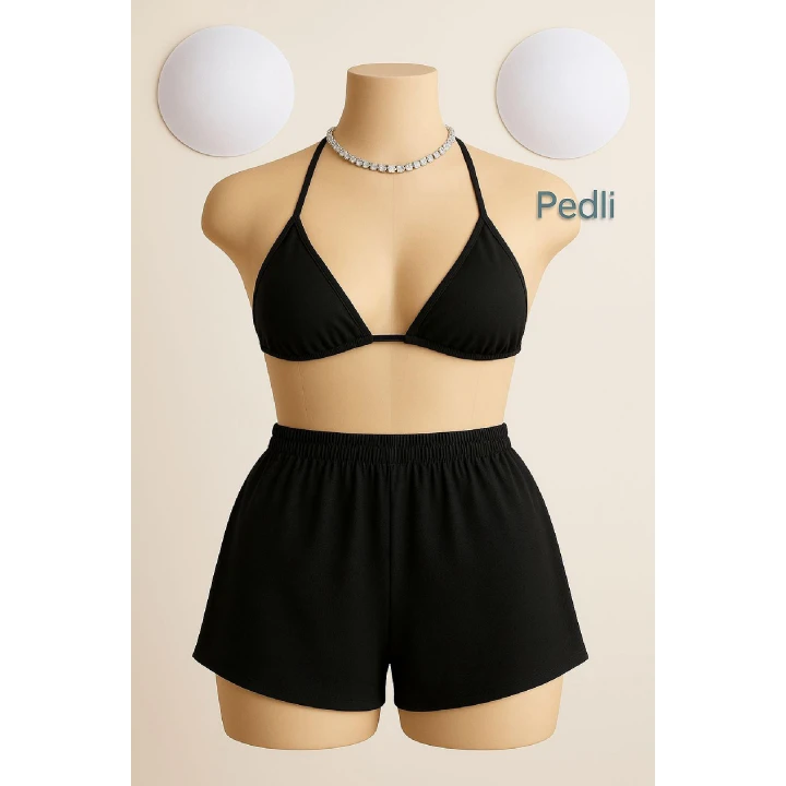 Kadın Siyah Şortlu Belden ve Boyundan Bağlamalı Bikini Takımı