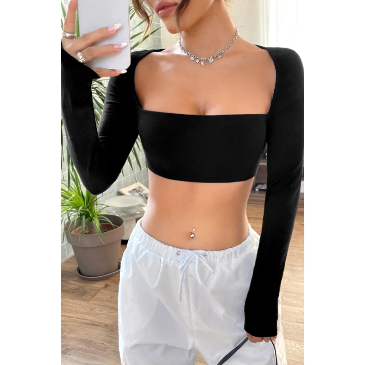 Kadın Siyah Uzun Kol Göğüs ve Sırt Dekolteli Crop Top Bluz