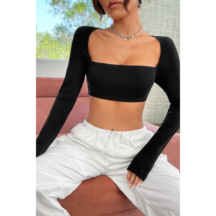 Kadın Siyah Uzun Kol Göğüs ve Sırt Dekolteli Crop Top Bluz