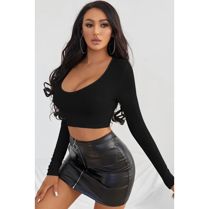 Kadın Siyah Uzun Kol Kare Yaka Crop Top Bluz