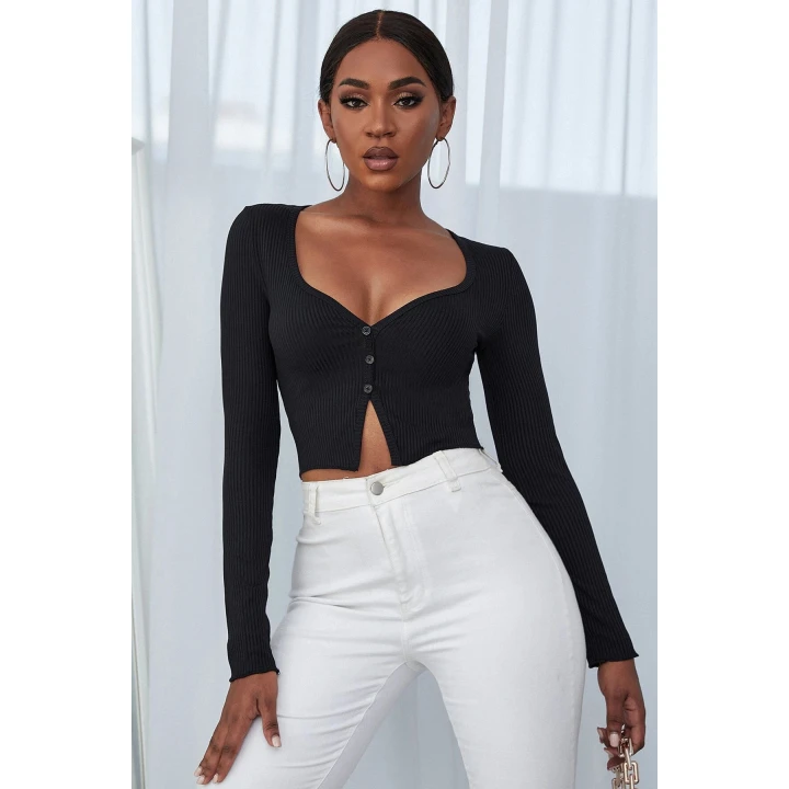 Kadın Siyah Uzun Kollu Düğmeli Göğüs ve Göbek Dekolteli Crop Top Bluz
