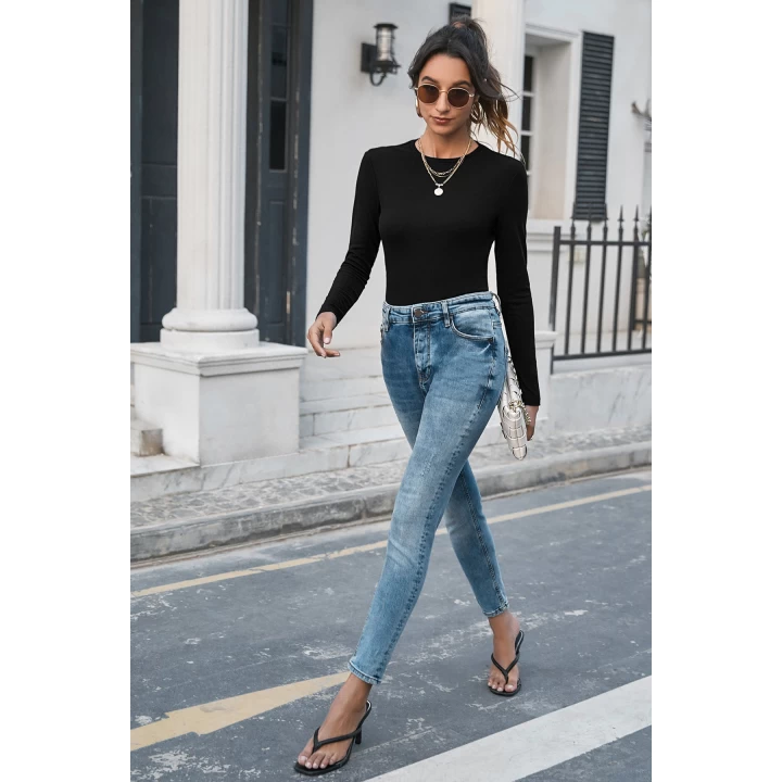 Kadın Siyah Uzun Kollu Fit Basic Crop Top Bluz