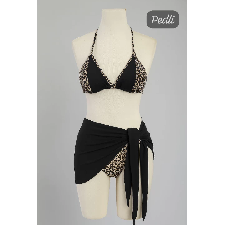 Kadın Siyah ve Leopar Desenli Pareolu 3lü Bikini Takımı