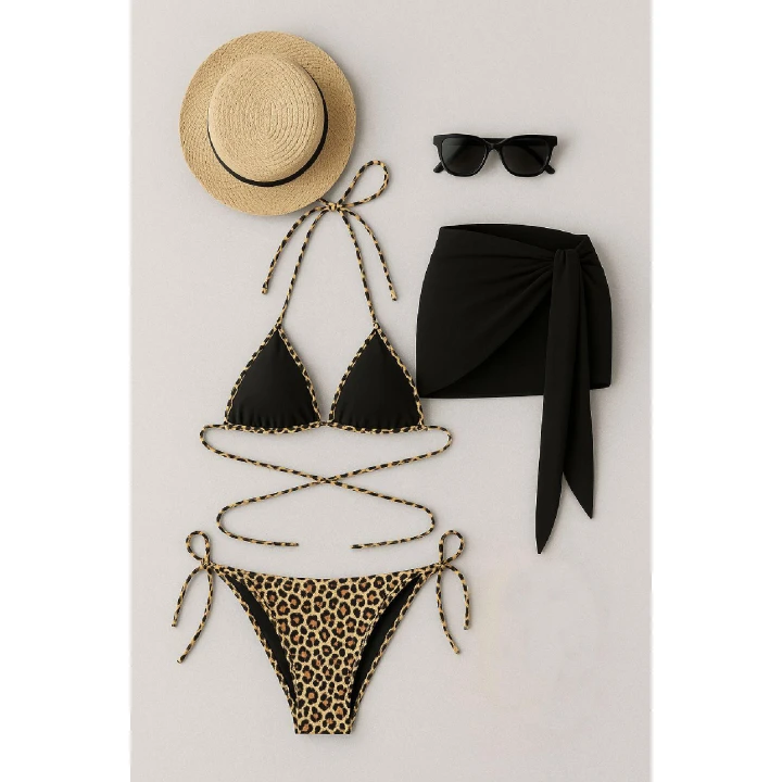 Kadın Siyah ve Leopar Desenli Pareolu 3lü Bikini Takımı