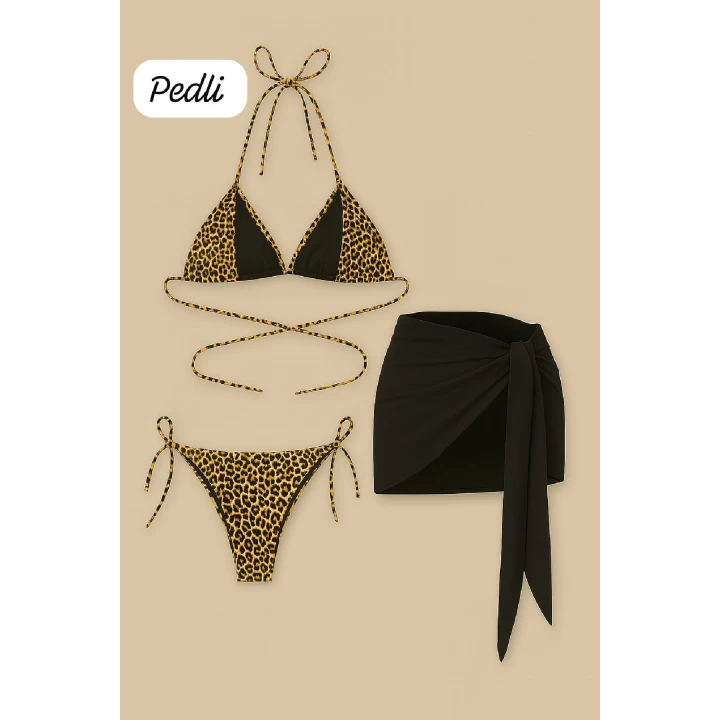 Kadın Siyah Ve Leopar Desenli Pareolu 3lü Bikini Takımı
