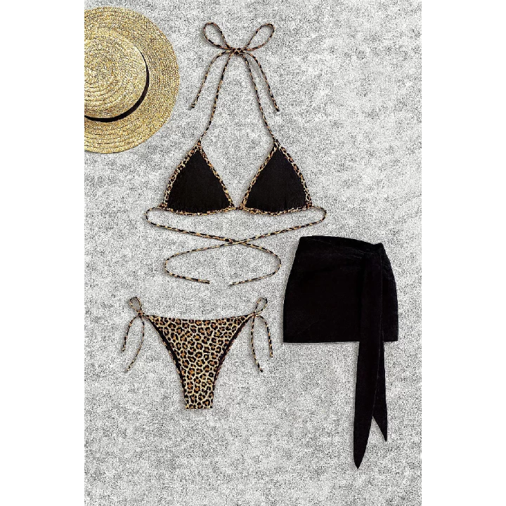 Kadın Siyah Ve Leopar Desenli Pareolu 3lü Bikini Takımı