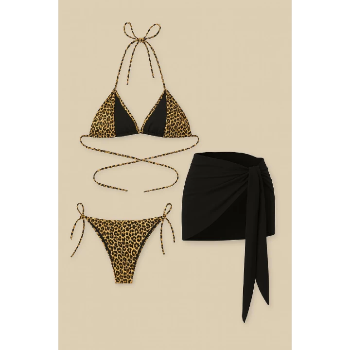 Kadın Siyah ve Leopar Desenli Pareolu 3lü Bikini Takımı