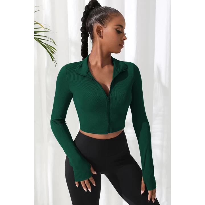 Kadın Yeşil Uzun Kol Fermuarlı Parmak Geçme Detaylı Dik Yaka Crop Top Bluz