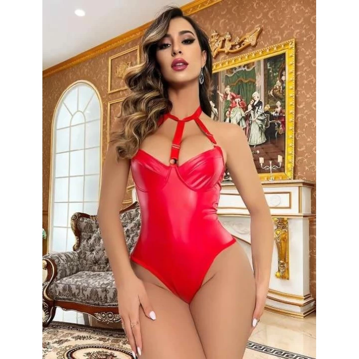 Kırmızı Boyundan Bağlamalı Deri Fantezi Babydoll