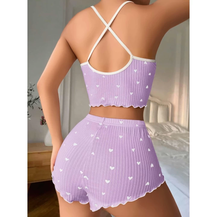 Lila Üstüne Beyaz Kalp Desenli Askılı Şortlu Pijama Takımı