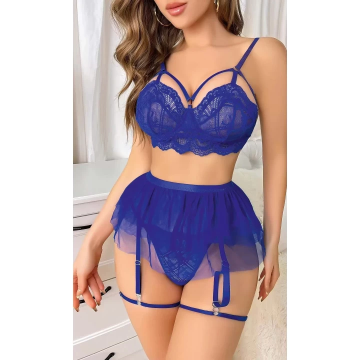 Mavi Bel Tüllü Kadın Seksi Fantazi Jartiyer Takım 2092