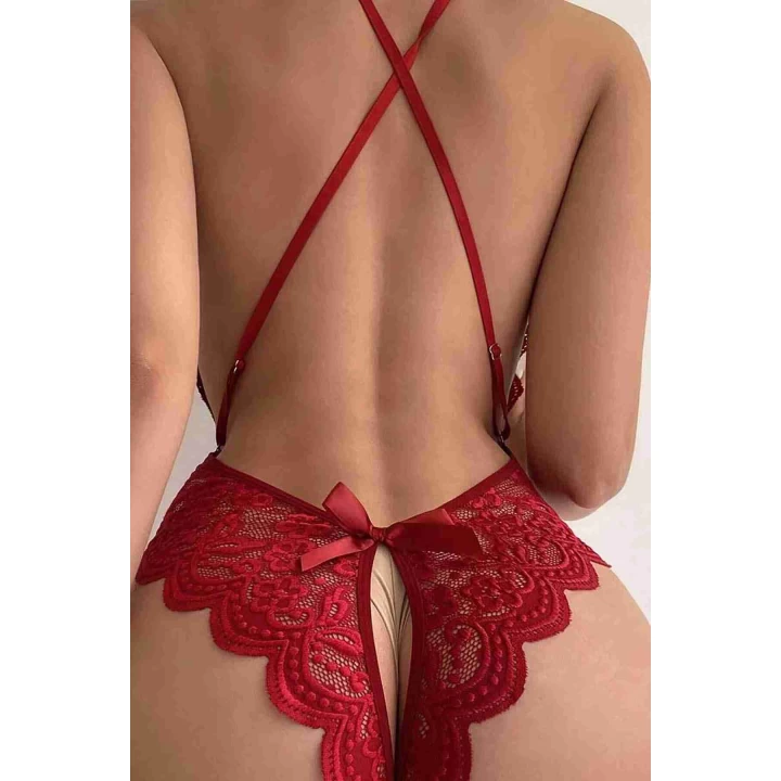 Özel Bölgesi Açık Dantelli Kırmızı Fantazi Babydoll Brf1278