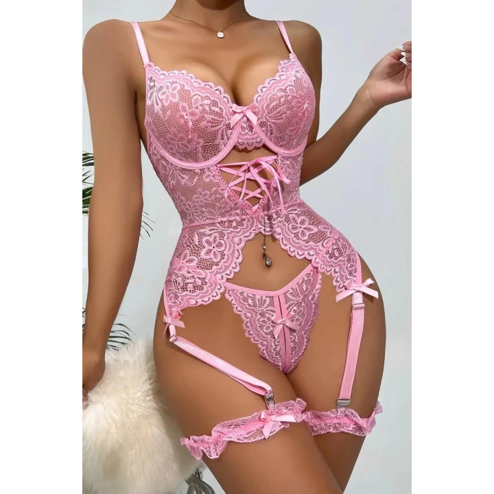 Özel Tasarım Dantelli Fantezi Pembe Jartiyer Takımı