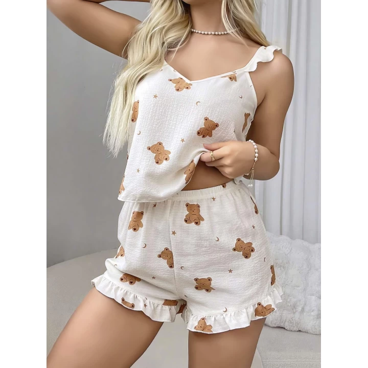 Pamuklu Ayıcık Desen Fırfırlı Askılı Şortlu Pijama Takımı