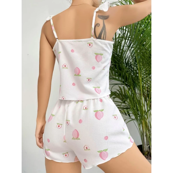 Pamuklu Beyaz Üstüne Çiçek Desen Fırfır Askılı Şortlu Pijama Takımı