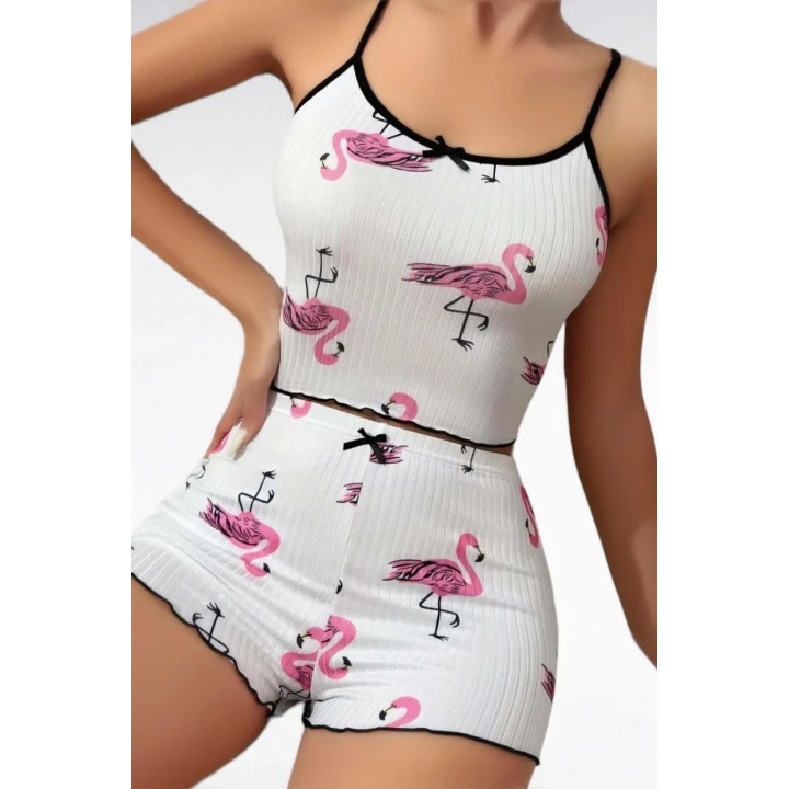 Pamuklu Beyaz Üstüne Pelikan Desen Fitilli Askılı Şortlu Pijama Takımı