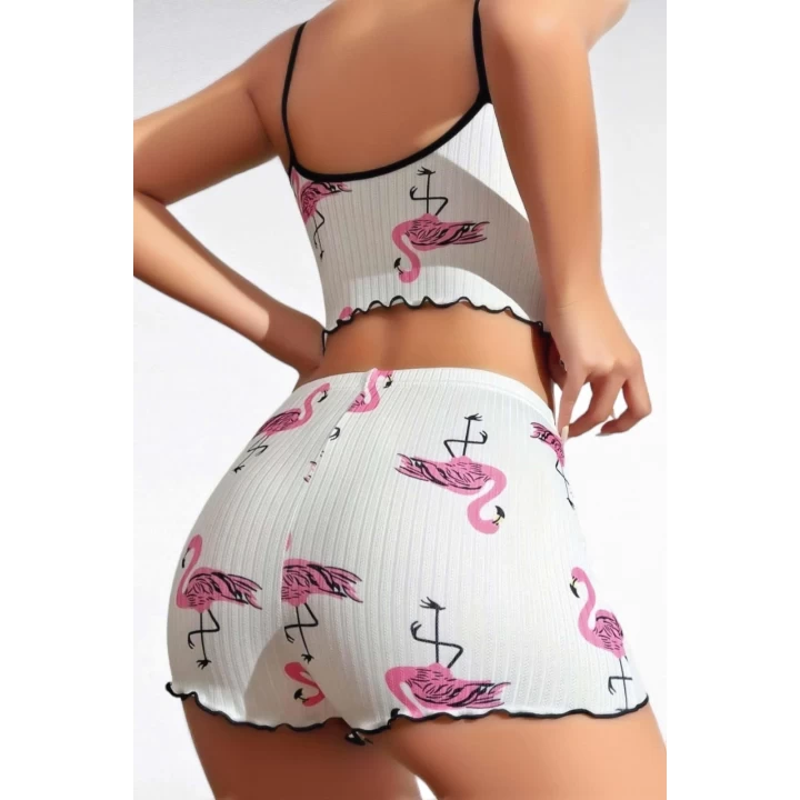 Pamuklu Beyaz Üstüne Pelikan Desen Fitilli Askılı Şortlu Pijama Takımı