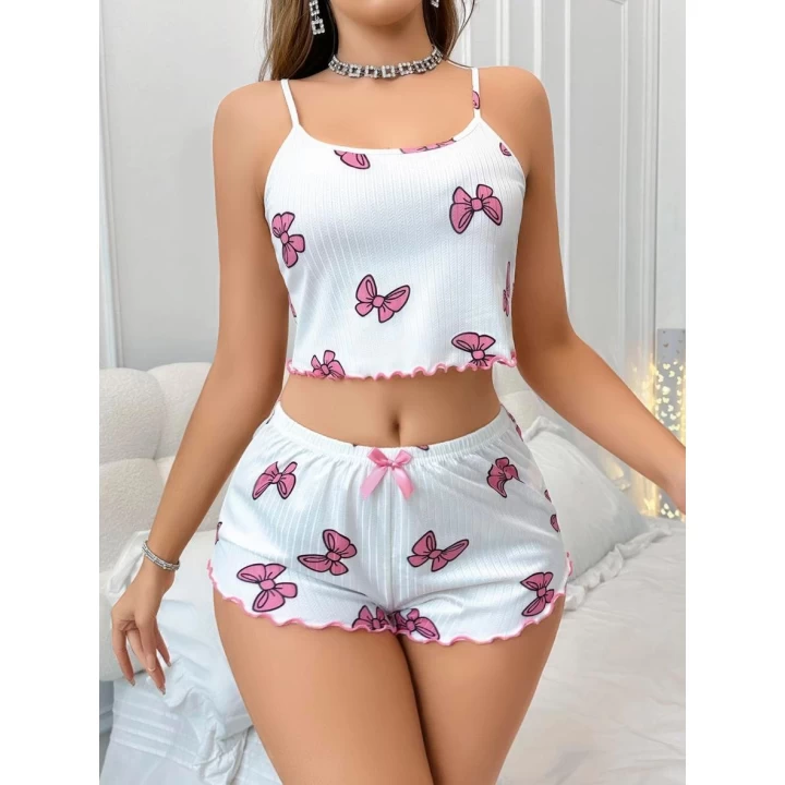 Pamuklu Beyaz Üstüne Pembe Kurdela Desenli Fitilli Askılı Şortlu Pijama Takımı
