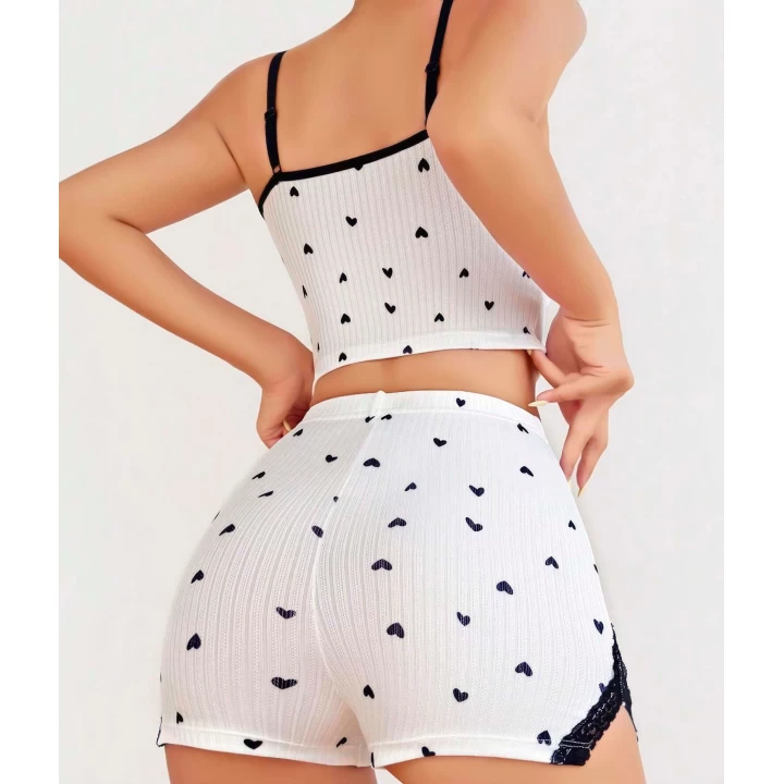 Pamuklu Beyaz Üstüne Siyah Kalp Desen Fitilli Askılı Şortlu Pijama Takımı