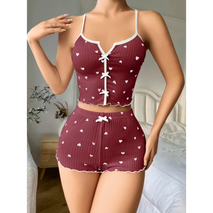 Pamuklu Kahverengi Üstüne Beyaz Kalp Desen Fitilli Askılı Şortlu Pijama Takımı