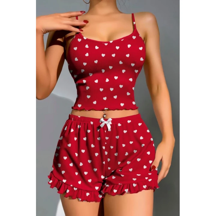 Pamuklu Kırmızı Üstüne Beyaz Kalp Desen Fitilli Askılı Şortlu Pijama Takımı