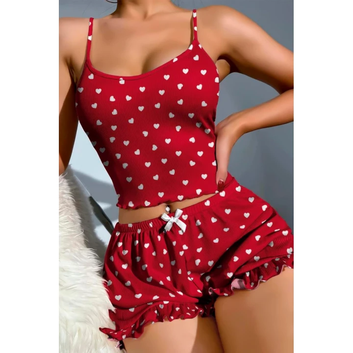 Pamuklu Kırmızı Üstüne Beyaz Kalp Desen Fitilli Askılı Şortlu Pijama Takımı