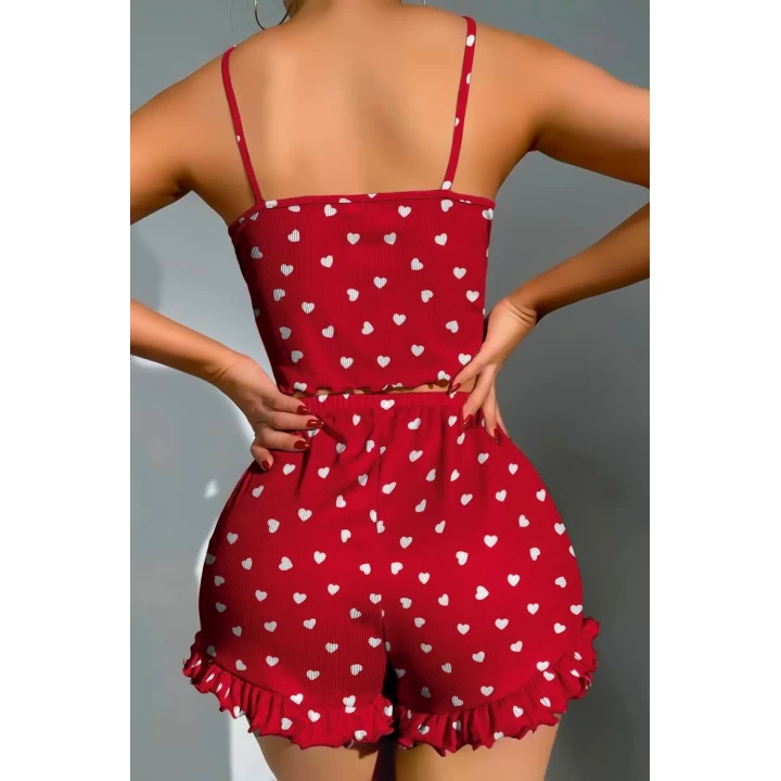 Pamuklu Kırmızı Üstüne Beyaz Kalp Desen Fitilli Askılı Şortlu Pijama Takımı