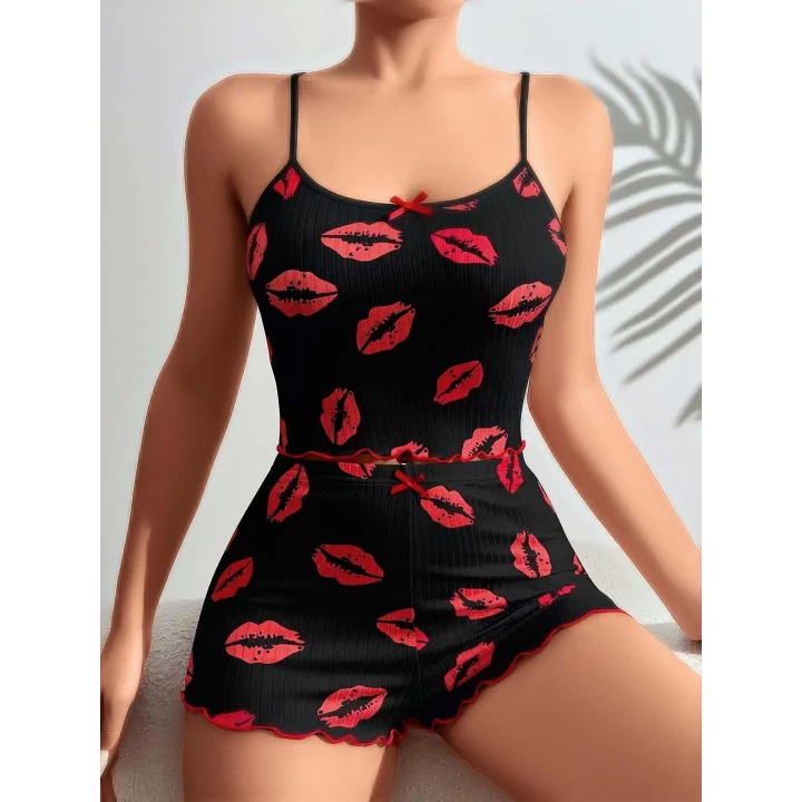Pamuklu Kiss Öpücük Desen Siyah Fitilli Şortlu Pijama Takımı