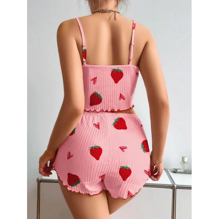 Pamuklu Pembe Üstüne Çilek Desen Fitilli Askılı Şortlu Pijama Takımı