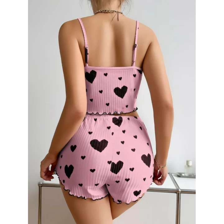 Pamuklu Pembe Üstüne Siyah Kalp Desenli Askılı Fitilli Şortlu Pijama Takımı
