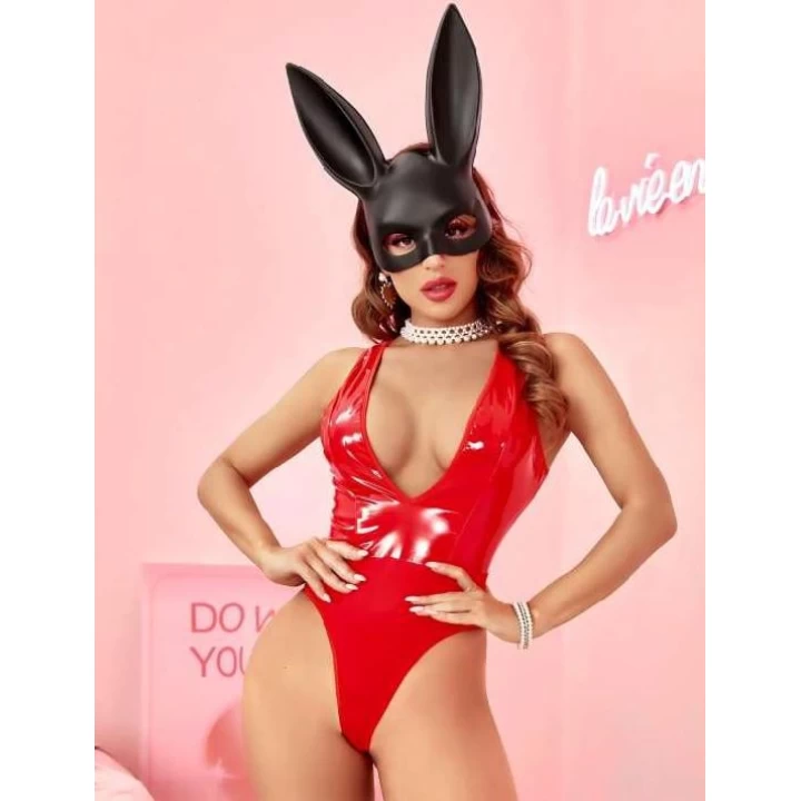 Parlak Kırmızı Deri Fantezi Babydoll