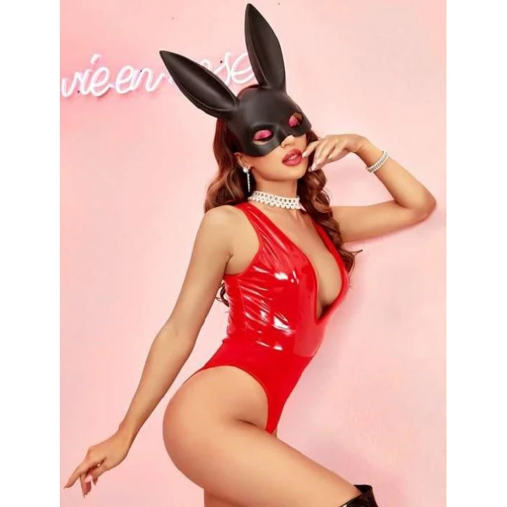 Parlak Kırmızı Deri Fantezi Babydoll