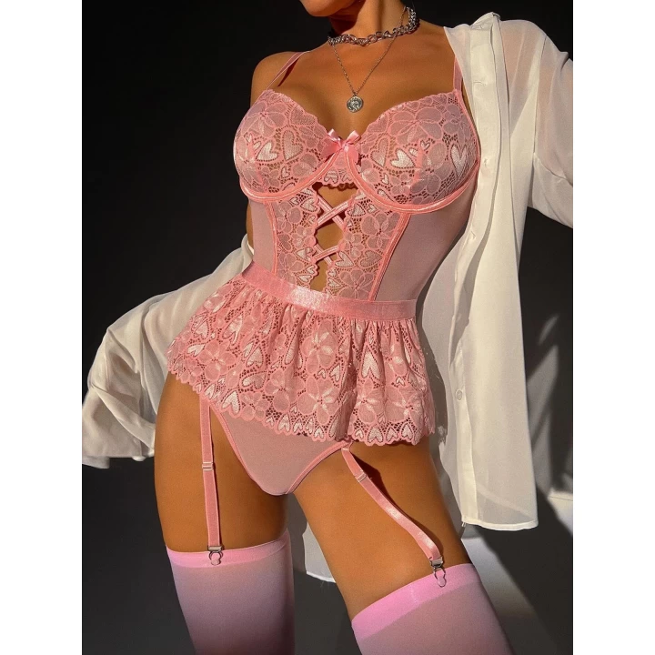 Pembe Dantel İşlemeli Kalp Desenli Fantezi Jartiyer Takımı