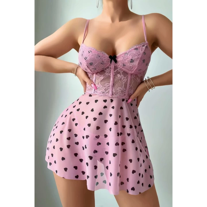 Pembe Kalp Desenli Dantel İşlemeli Fantezi Gecelik