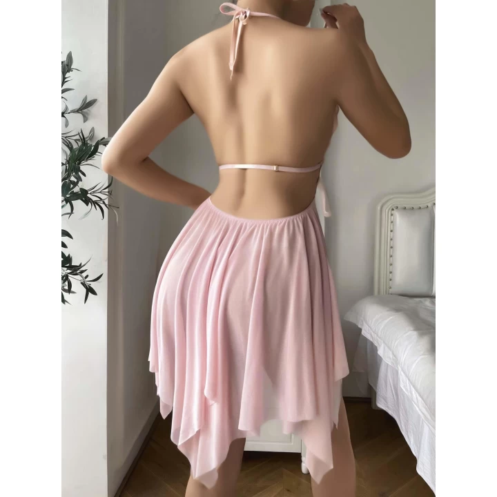 Pembe Kelebek İşlemeli Tül Fantezi Gecelik