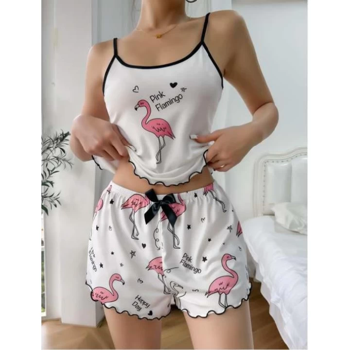 Pink Flamingo Desenli Askılı Şortlu Pijama Takımı