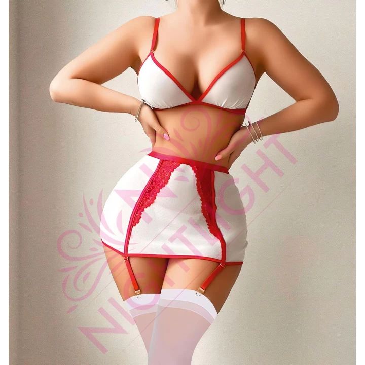 Seksi Sütyenli Mini Etekli Fantazi Hemşire Kostümü