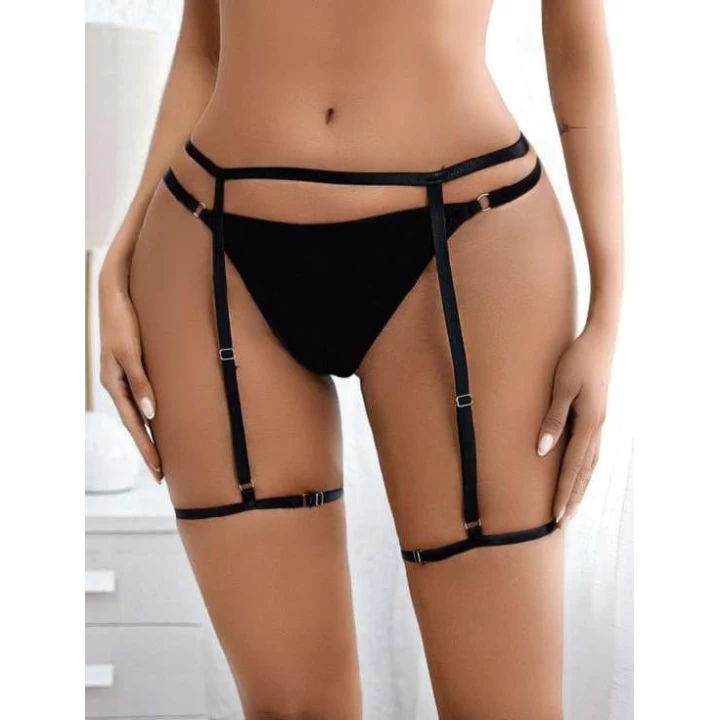 Siyah Bacak Bantlı Fantezi String Tanga
