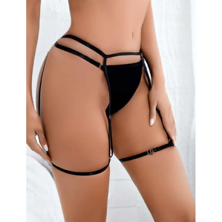 Siyah Bacak Bantlı Fantezi String Tanga