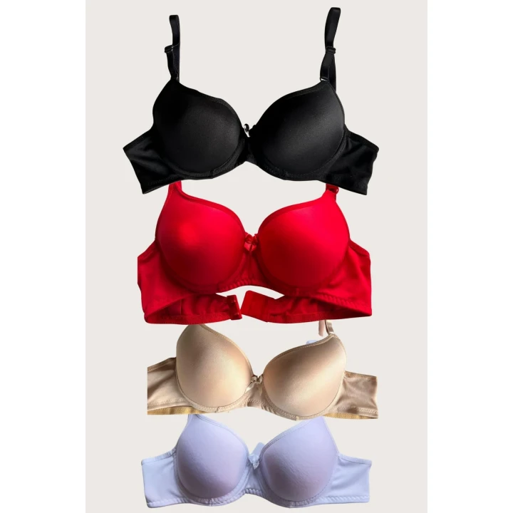 Siyah-beyaz-kırmızı-ten 4lü Dolgulu Push Up Micro Balenli Günlük Tek Destekli Sütyen