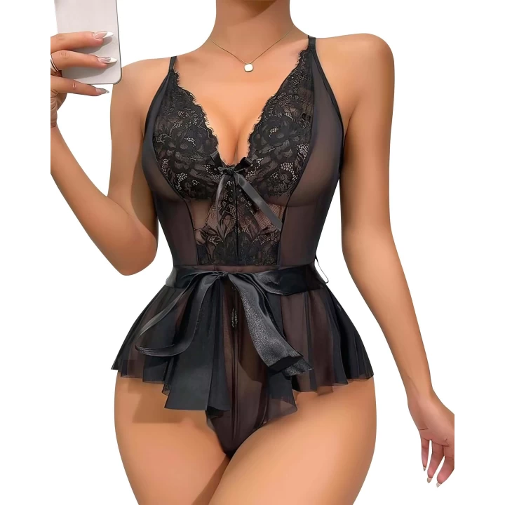 Siyah Dantel İşlemeli Kurdelalı Fantezi Tül Babydoll