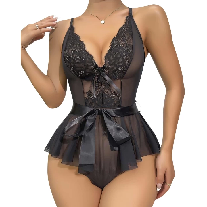 Siyah Dantel İşlemeli Kurdelalı Fantezi Tül Babydoll